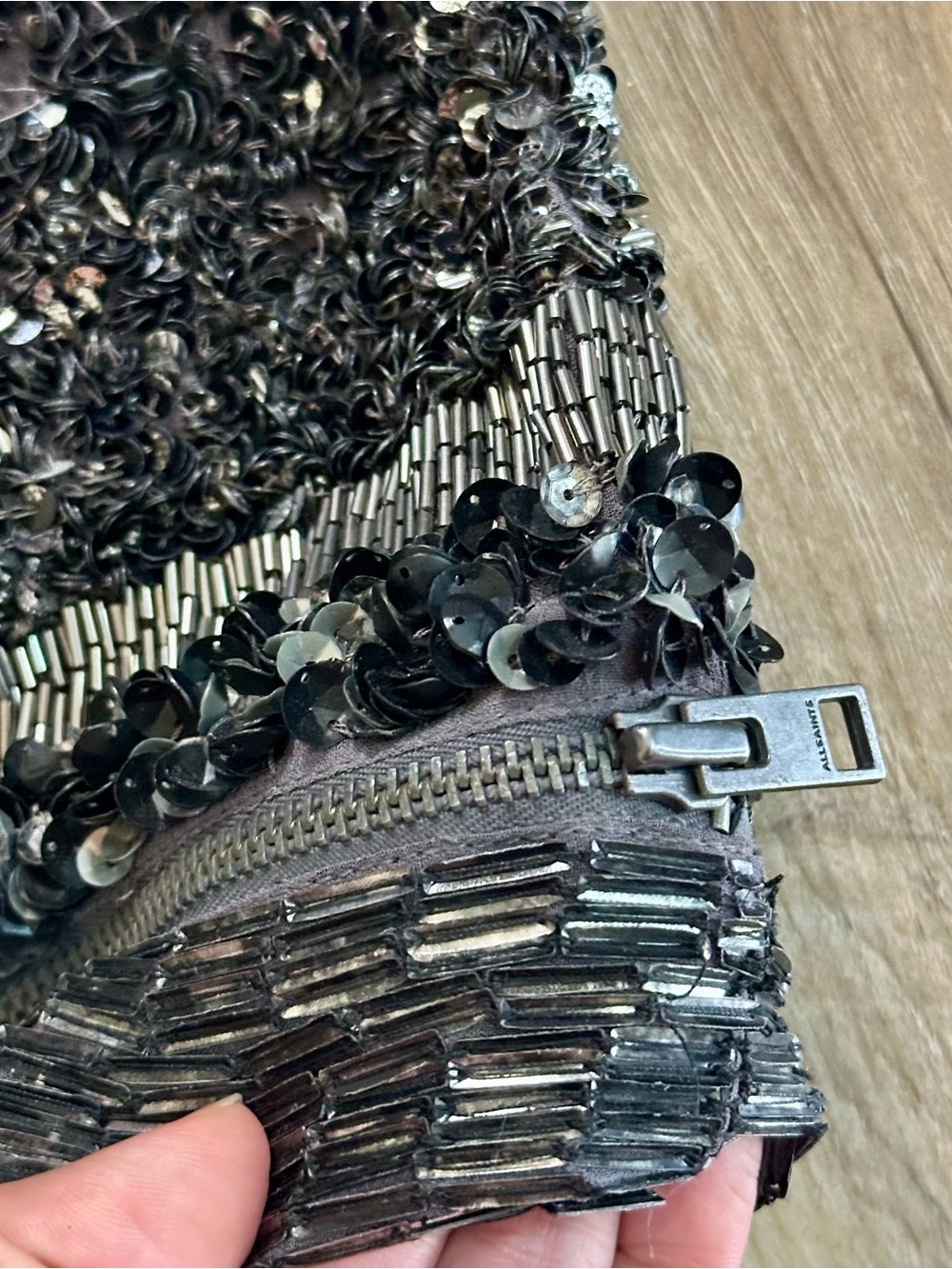 AllSaints Suzi Zip Hand Embellished Sequin Mini Skirt US 2 Black Beaded - Picture 10 of 12